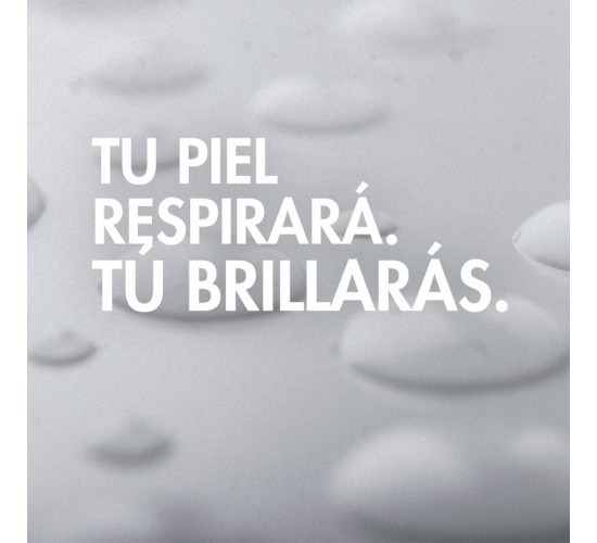 fondo gris claro con gotas de agua y el texto: ‘Tu piel respirará. Tú brillarás.'