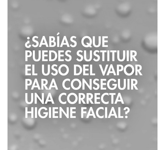 fondo gris con gotas de agua; texto: ‘¿Sabías que puedes sustituir el uso del vapor para conseguir una correcta higiene facial?’